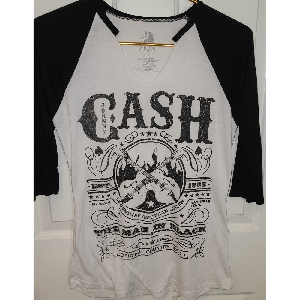 Johnny Cash Raglan Shirt Womens Lg Zion Rootswear White Black Man in Black